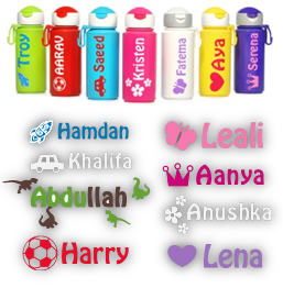 Kids water bottles personalised by us!