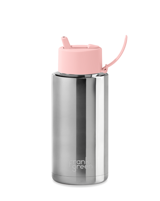 Ceramic Reusable Bottle with Flip Lid - Limited Edition Silver with Flip Straw Lid Blushed - (1L)