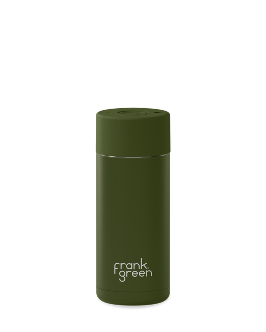 Stainless Steel Ceramic Reusable Cup Khaki with Push Button Lid - 495ml